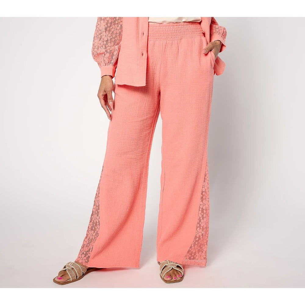 Isaac Mizrahi Live! Regular Bridgehampton Gauze Wide Leg Pants Sea Coral:S #520F